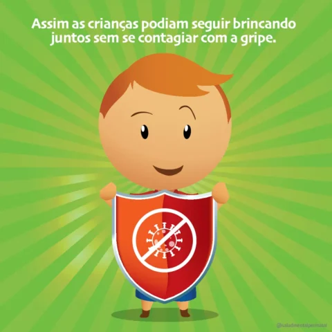 Ilustração de uma criança sorridente segurando um escudo com símbolo de proteção contra a gripe.