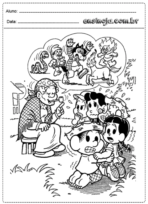 Desenho de crianças ouvindo uma história contada por uma avó, com personagens fantásticos em um balão de pensamento.