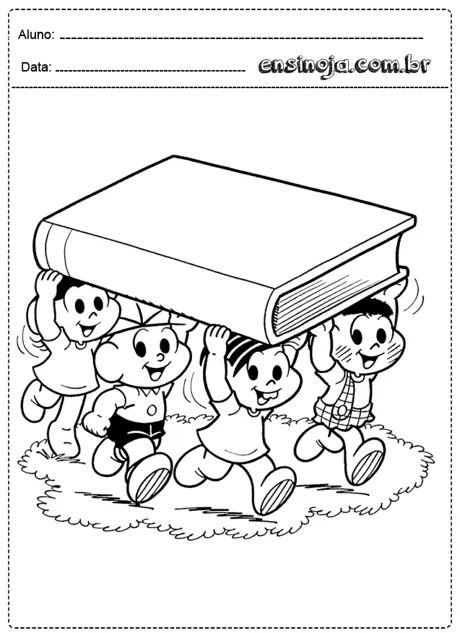 Quatro crianças carregando um grande livro.