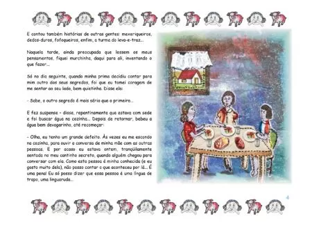 Três crianças sentadas à mesa, conversando e comendo, em um ambiente acolhedor.