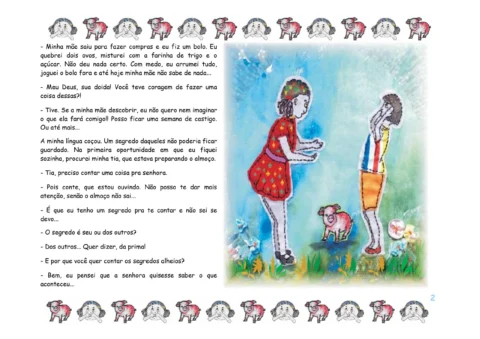 Ilustração de uma menina e um menino conversando, com um porquinho ao lado.