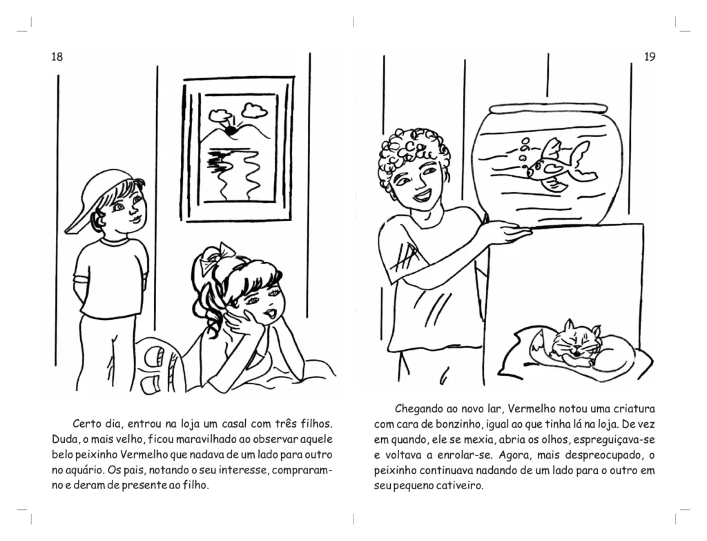 Ilustração de crianças em uma loja observando um aquário com peixes.