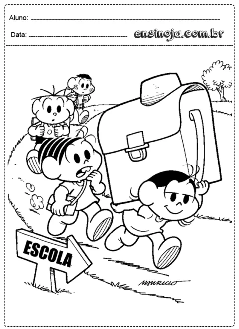 Desenho de crianças indo para a escola com mochilas.