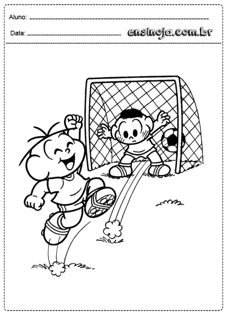 Desenho de crianças jogando futebol, um menino chutando a bola e outro no gol.