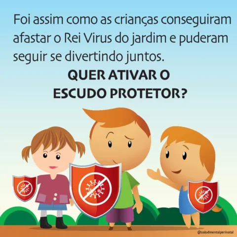 Ilustração de duas crianças com escudos, simbolizando proteção contra vírus.