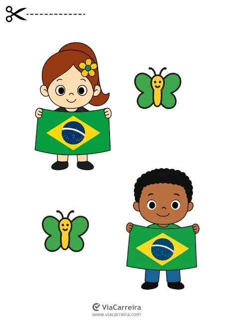 Duas crianças, uma menina e um menino, segurando a bandeira do Brasil, com borboletas ao redor.