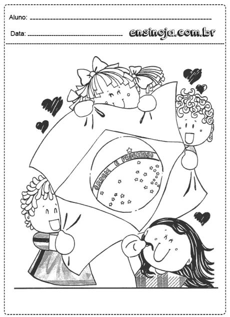 Desenho de crianças segurando a bandeira do Brasil com corações ao fundo.