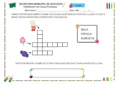 Atividade de cruzadinha sobre comidas gostosas da festa do Lucas.