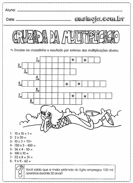 Atividade de cruzadinha da multiplicação para alunos do ensino fundamental.
