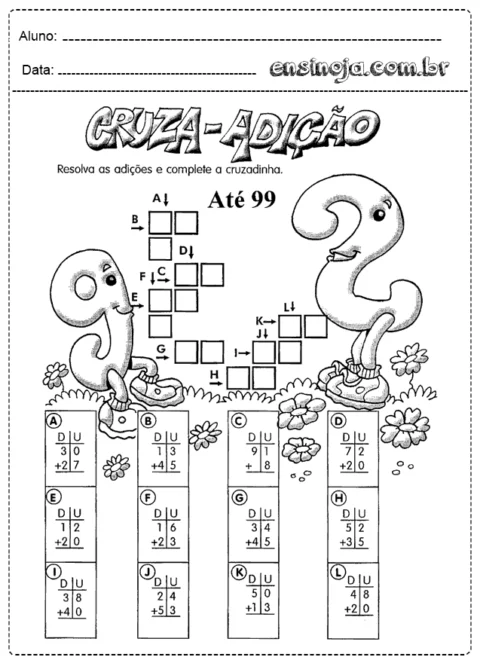 Atividade de cruzadinha de adição para crianças.