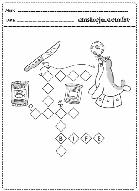 Atividade de cruzadinha com ilustrações de alimentos e um animal segurando uma bola.