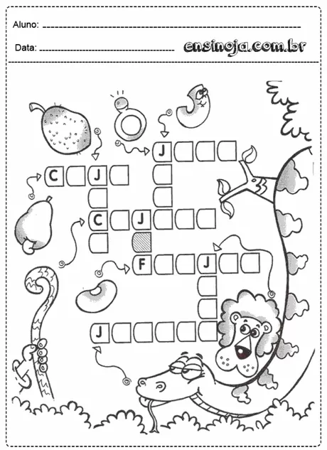 Atividade de cruzadinha com animais e frutas para crianças.