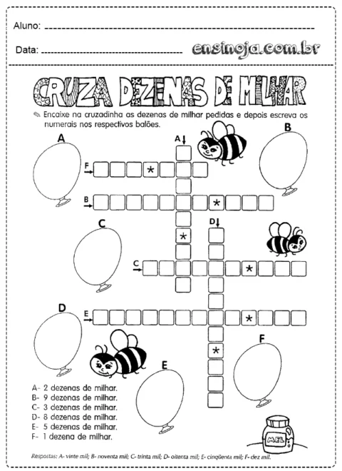 Atividade de cruzadinha sobre dezenas de milhar com balões e abelhas.