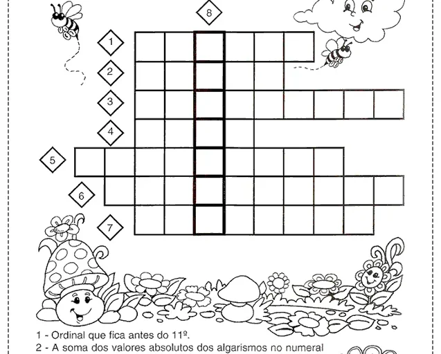 Cruzadinha de Matemática para alunos do Ensino Fundamental com perguntas sobre números.