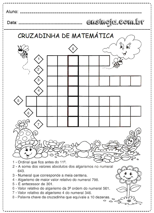 Cruzadinha de Matemática para alunos do Ensino Fundamental com perguntas sobre números.