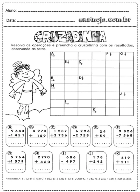 Atividade de cruzadinha com operações matemáticas para crianças.