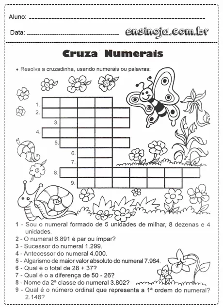 Atividade de cruzadinha sobre numerais com ilustrações de flores e insetos.