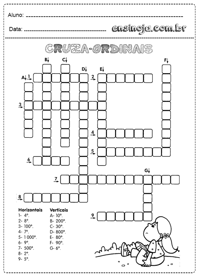 Atividade de cruzadinha sobre números ordinais para alunos do ensino fundamental.