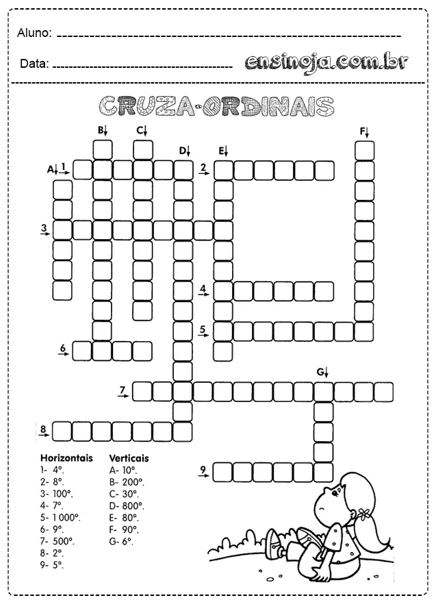 Atividade de cruzadinha sobre números ordinais para alunos do ensino fundamental.