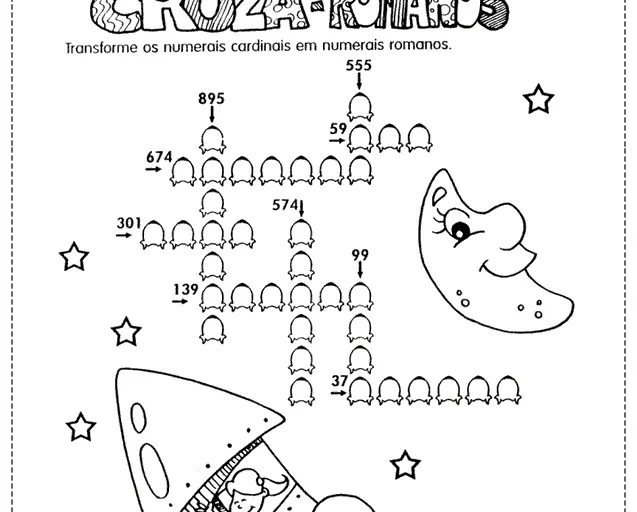 Atividade de cruzadinha sobre números romanos com uma nave espacial e uma lua sorridente.