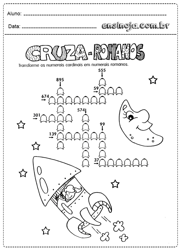 Atividade de cruzadinha sobre números romanos com uma nave espacial e uma lua sorridente.