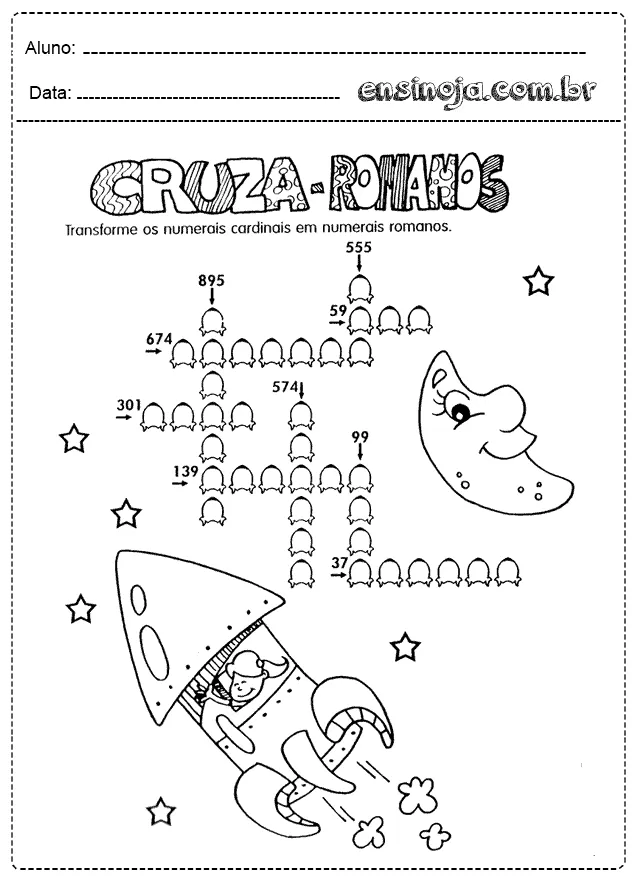 Atividade de cruzadinha sobre números romanos com uma nave espacial e uma lua sorridente.
