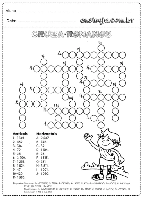 Atividade de cruzadinha com números romanos para alunos do ensino fundamental.