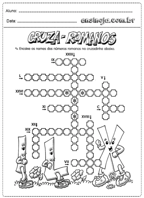 Atividade de cruzadinha sobre números romanos com letras animadas.