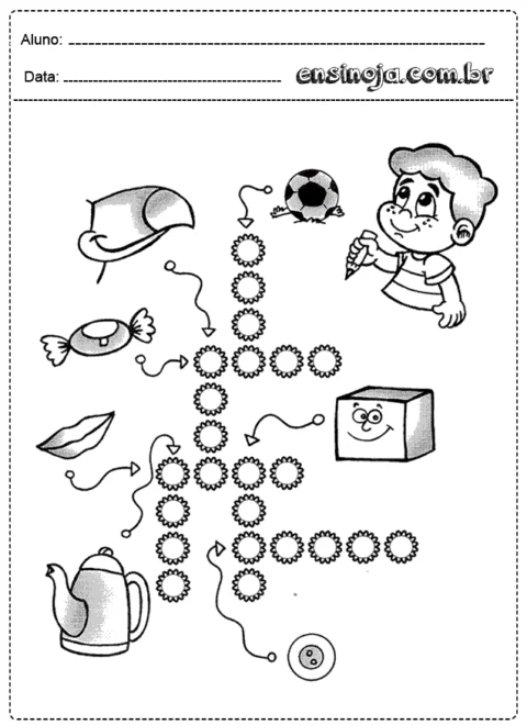 Atividade de cruzadinha com desenhos de objetos e uma criança.