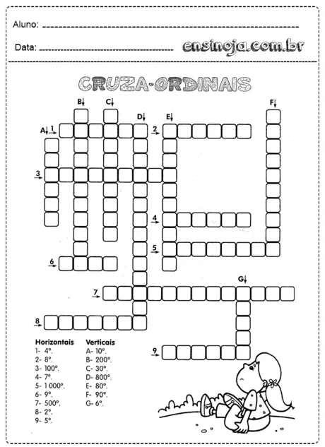 Atividade de cruzadinha sobre ordinais para alunos do ensino fundamental.