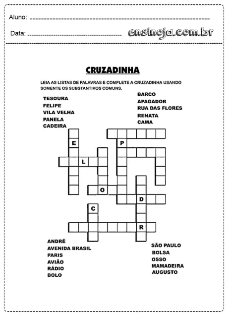 Cruzadinha com palavras para completar.