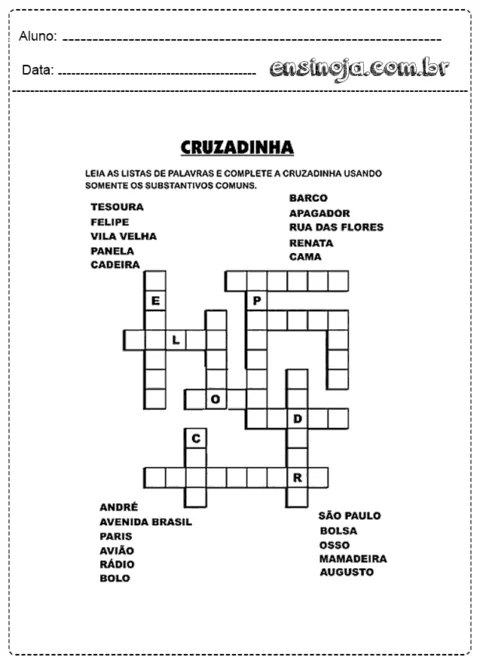 Cruzadinha com palavras para completar.