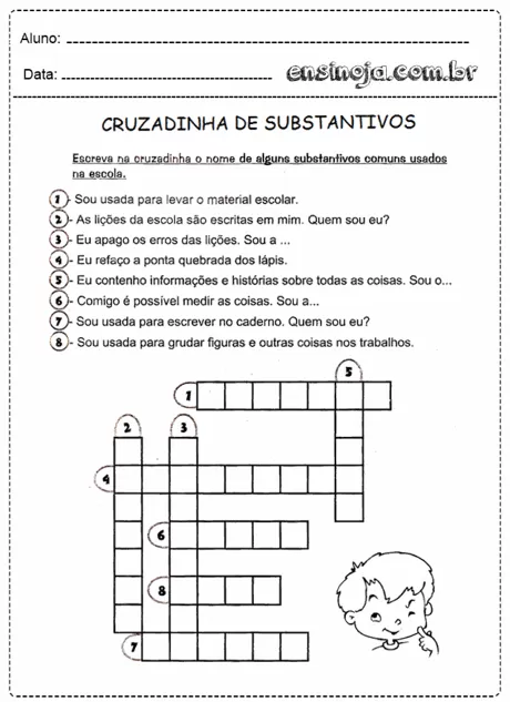 Atividade de cruzadinha sobre substantivos comuns usados na escola.