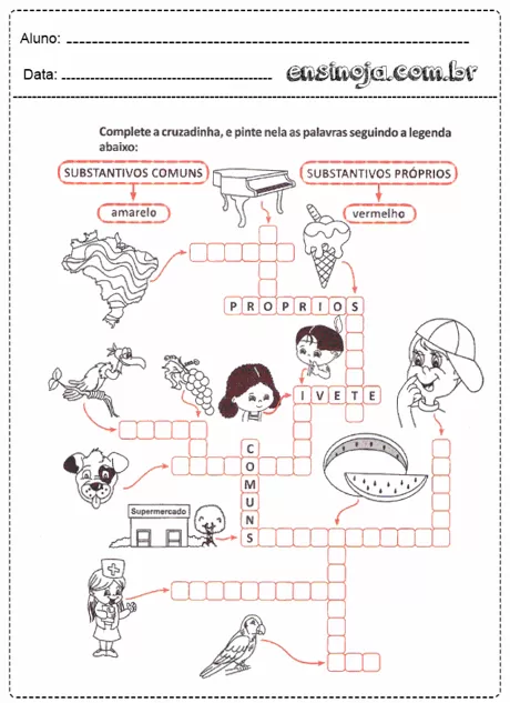 Atividade de cruzadinha sobre substantivos comuns e próprios para crianças.