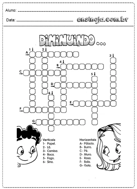 Atividade de cruzadinha com palavras para crianças.