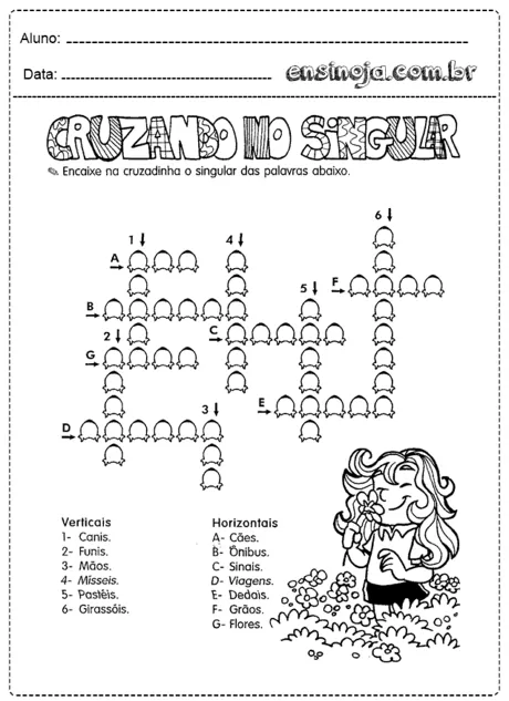 Atividade de cruzadinha para o ensino de singular e plural com ilustração de uma menina segurando uma flor.