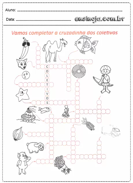 Atividade de cruzadinha sobre coletivos com ilustrações de animais e objetos.