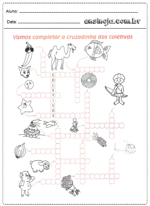 Atividade de cruzadinha sobre coletivos com ilustrações de animais e objetos.