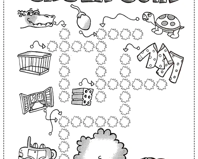 Atividade de cruzadinha com desenhos de animais e objetos.