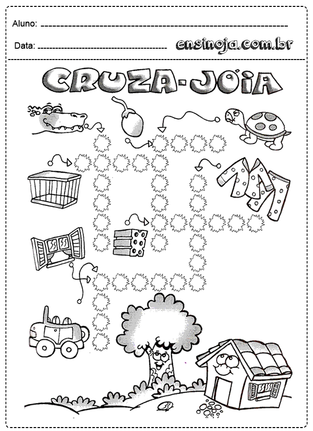 Atividade de cruzadinha com desenhos de animais e objetos.