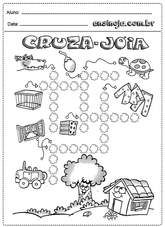 Atividade de cruzadinha com desenhos de animais e objetos.