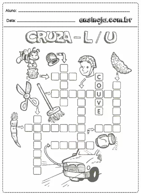 Atividade de cruzadinha com desenhos e palavras relacionadas.