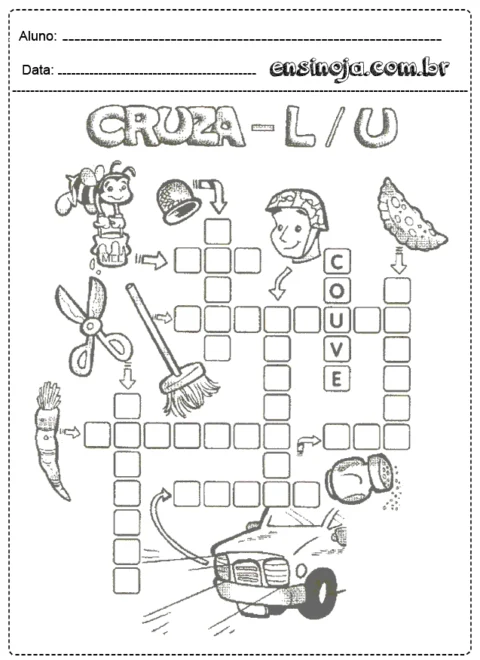 Atividade de cruzadinha com desenhos e palavras relacionadas.