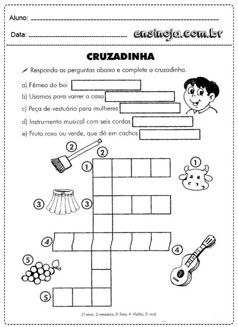 Atividade de cruzadinha para crianças com perguntas e imagens ilustrativas.