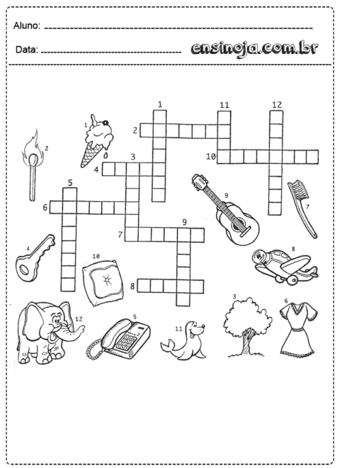 Atividade de cruzadinha com desenhos de objetos e animais para crianças.