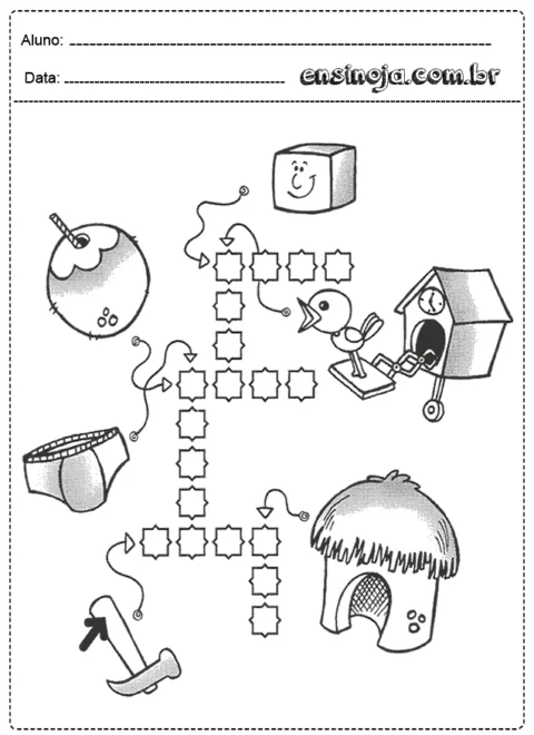 Atividade de cruzadinha com desenhos de objetos infantis.