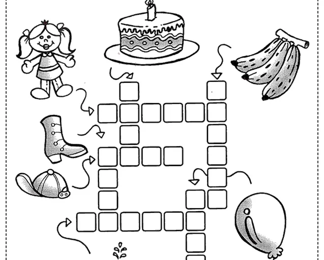 Atividade de cruzadinha com desenhos de uma menina, um bolo, bananas, uma bota, um boné, uma baleia e um balão.