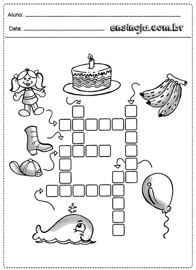 Atividade de cruzadinha com desenhos de uma menina, um bolo, bananas, uma bota, um boné, uma baleia e um balão.
