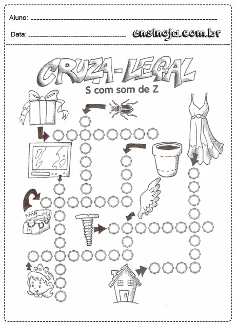 Atividade de cruzadinha com imagens e palavras que começam com a letra S e som de Z.