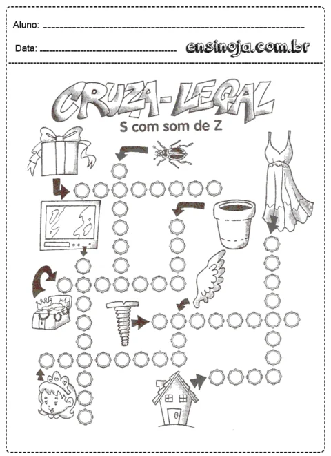 Atividade de cruzadinha com imagens e palavras que começam com a letra S e som de Z.